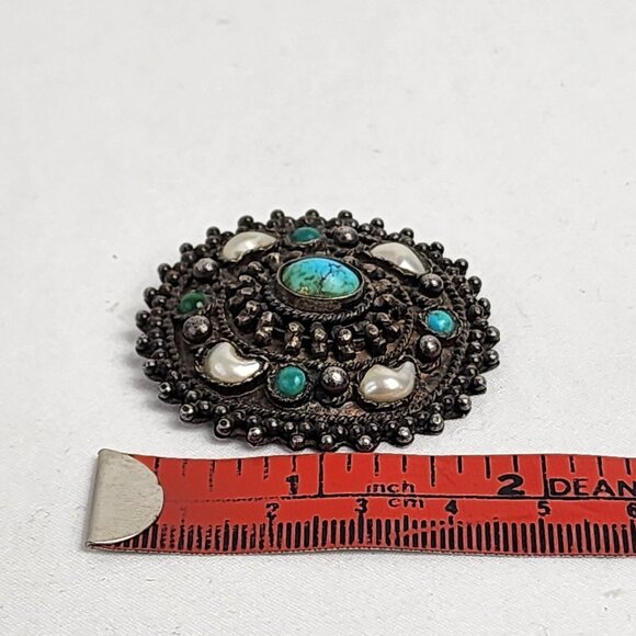 Antique 935 Silver Turquoise Pearl Brooch Pendant Natural Patina Coastal Cowgirl - Picture 6 of 9